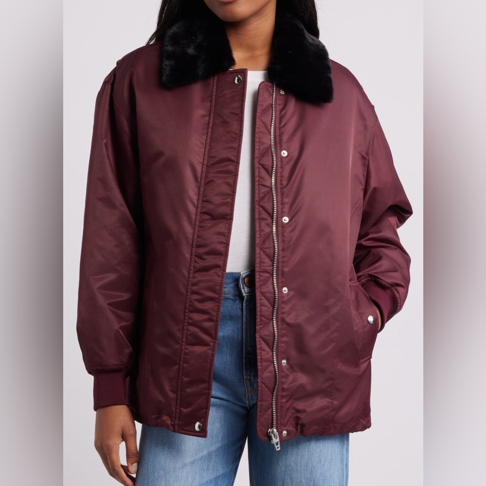 BLANKNYC Burgundy / Black Faux Fur Collar Snap Close Nylon Jacket, Small